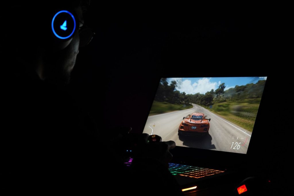 A gaming laptop running a modern game